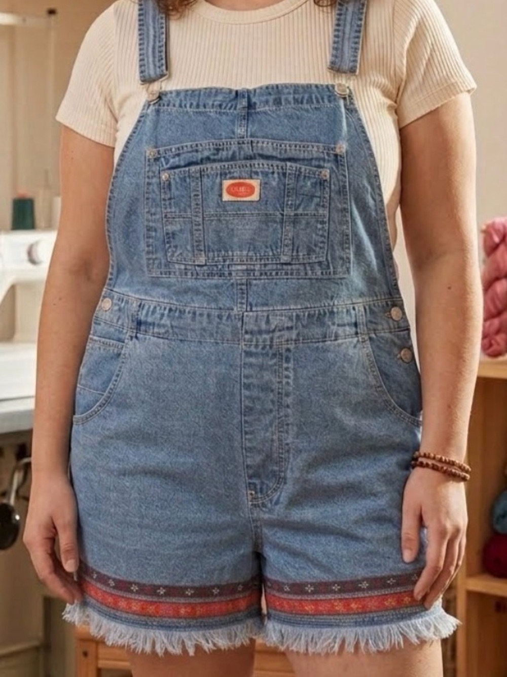 VTG 90s Revolt Denim Overall Shorts with Embroidered Trim